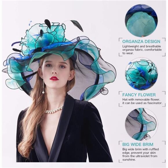 Women\'s Organza Derby Hat Wide Brim Sun Hats Dual-use, Blue and Green main image 4